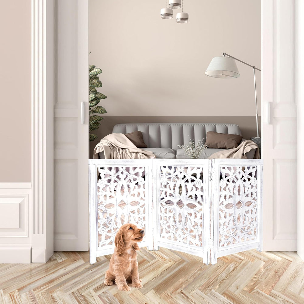 Lightnpro Wooden Pet Gate – Decorative Carved Foldable Dog Fence, Extra-Wide ...