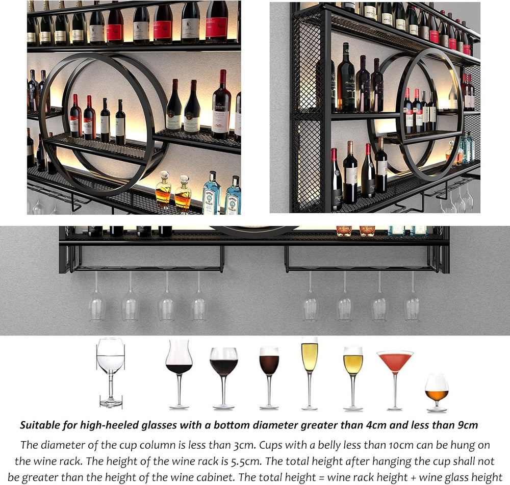 Wine Rack Wall Mounted with LED Light,Bar Liquor Shelf,Black,100*80*15 | Meta...