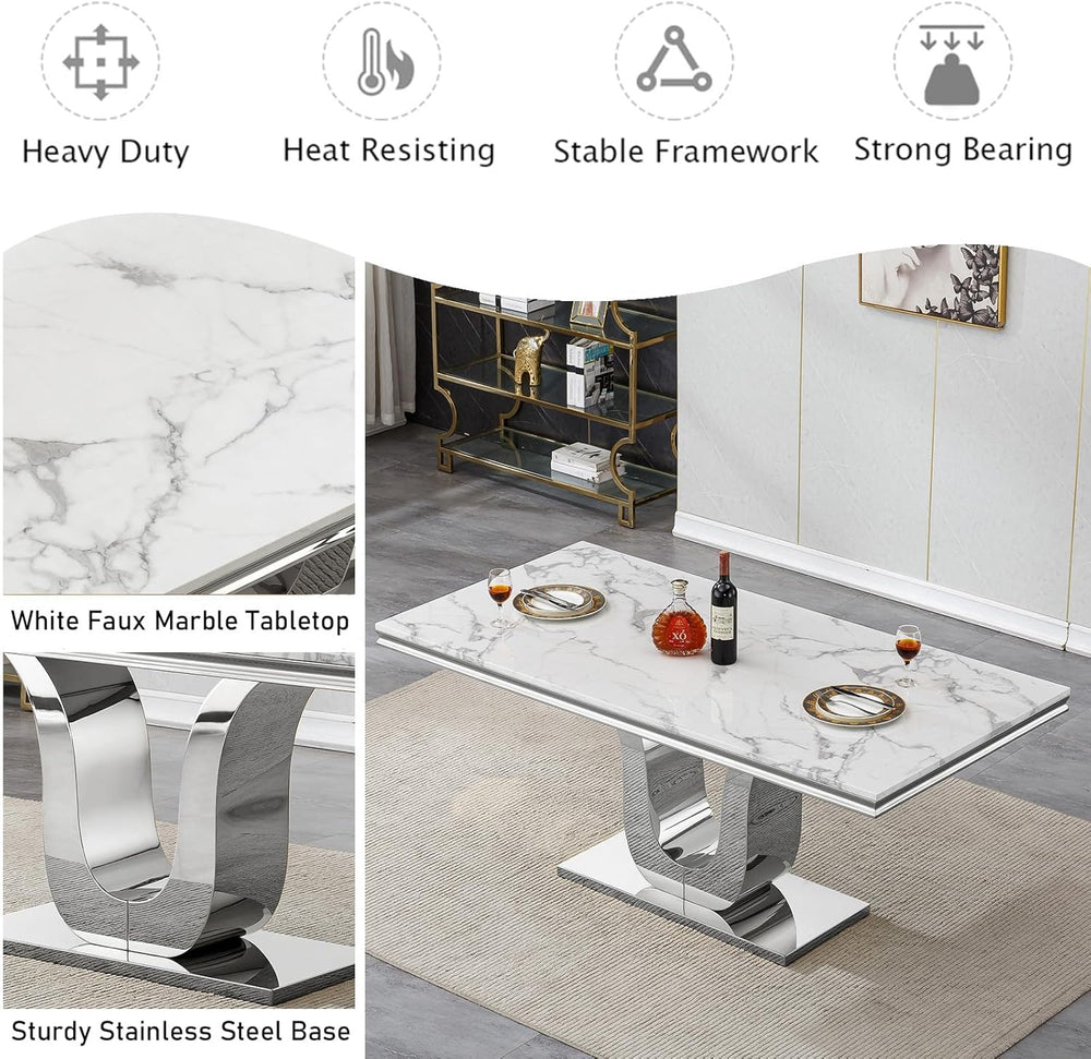 Modern White Dining Table for 6, U-Shape Stainless Steel Base, Marble Dining ...