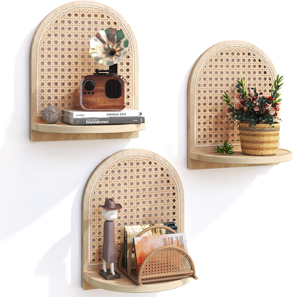 Rattan Wall Shelf Set of 3, 7''Natural Rattan Shelves with Wicker Dec...