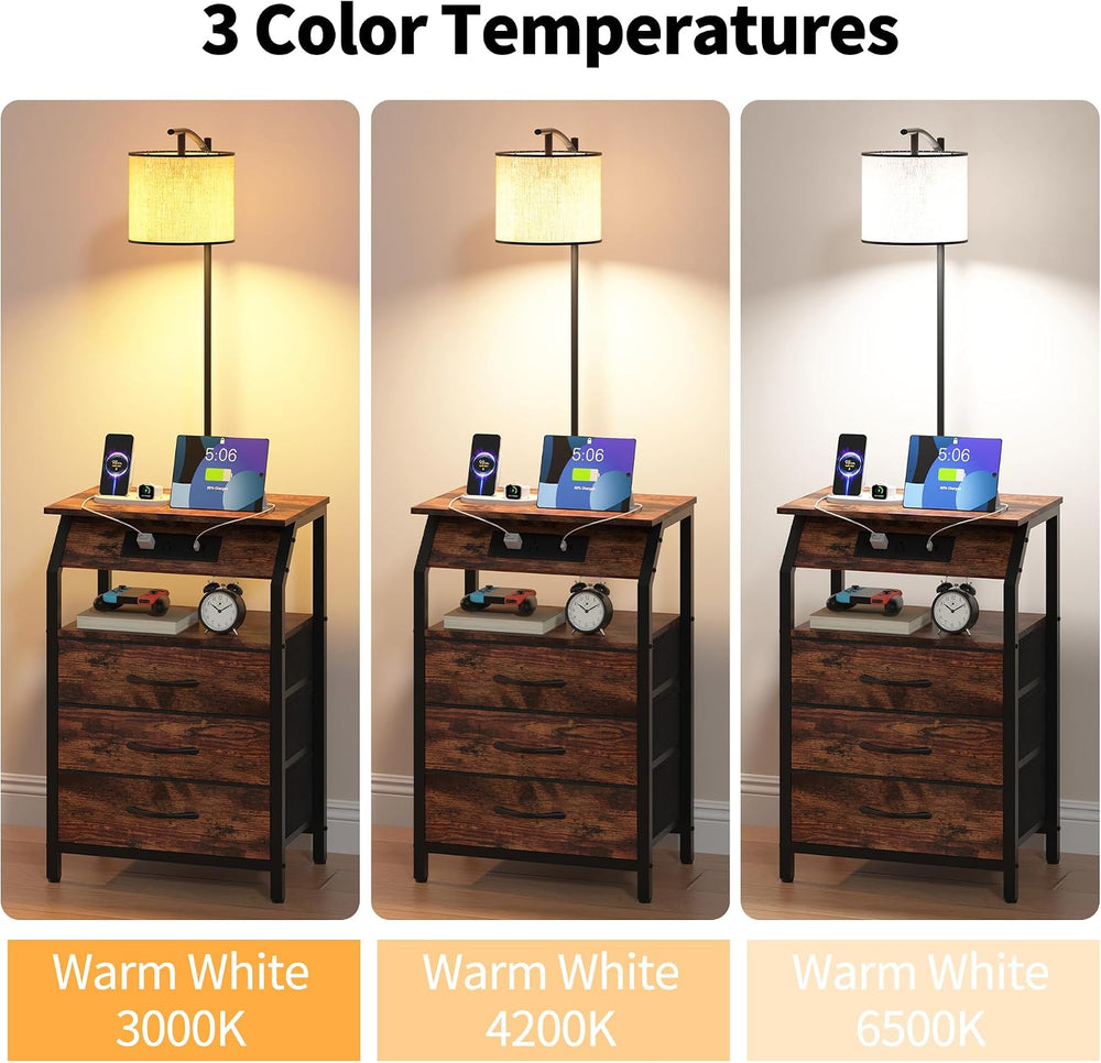 End Table with Floor Lamp Set of 2, Nightstand with Charging Station, Floor L...