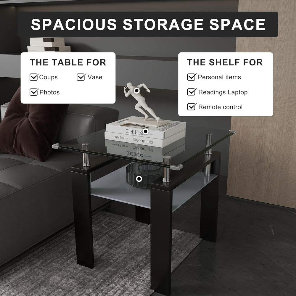 Square Glass End Table,2-Tier Tempered Glass Modern Living Room Side Table wi...
