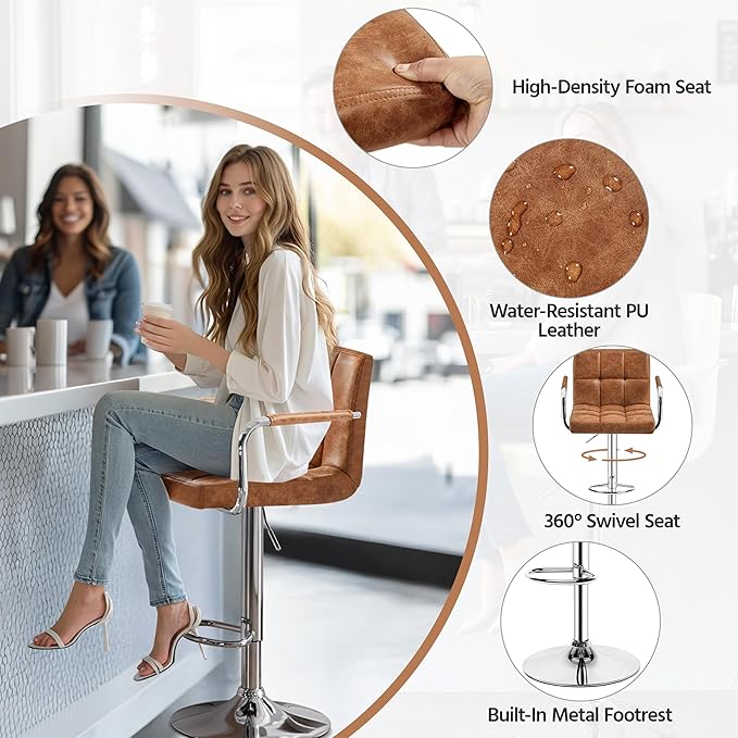 Yaheetech Bart Stools Set of 4, PU Leather Adjustable Barstools with Armrest,...