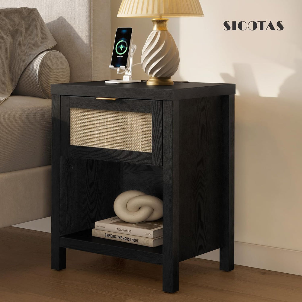 SICOTAS Black Rattan Nightstands Set of 2 with Charging Station | Modern Nigh...