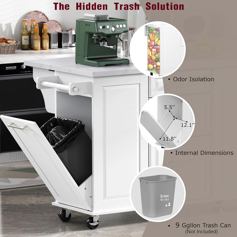 50.7" Kitchen Island with Drop Leaf Storage for Trash Can White