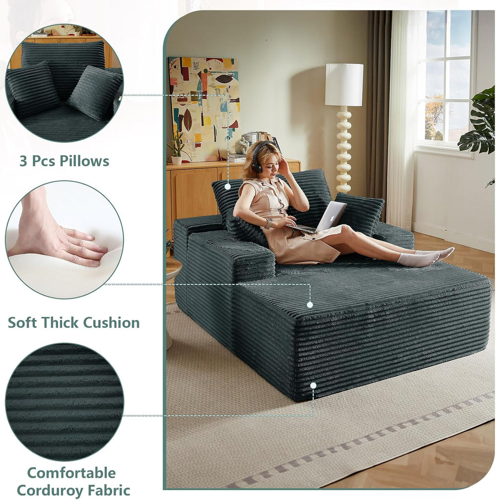 50"Oversized Chaise Lounge Chair Indoor,Corduroy Reading Chair with 3 Pi...