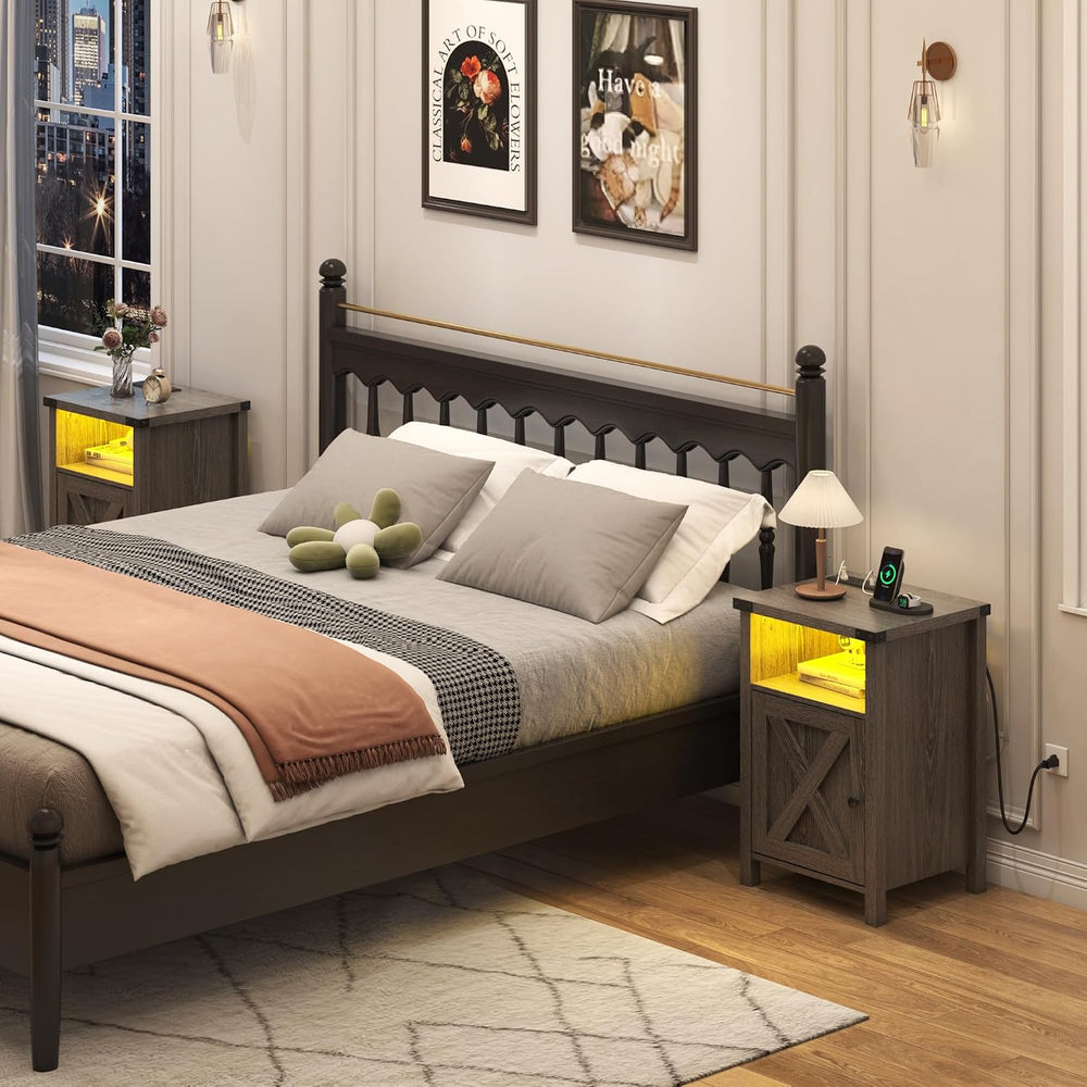 Hlivelood Farmhouse LED Nightstand Set of 2 with Charging Station, Rustic End...
