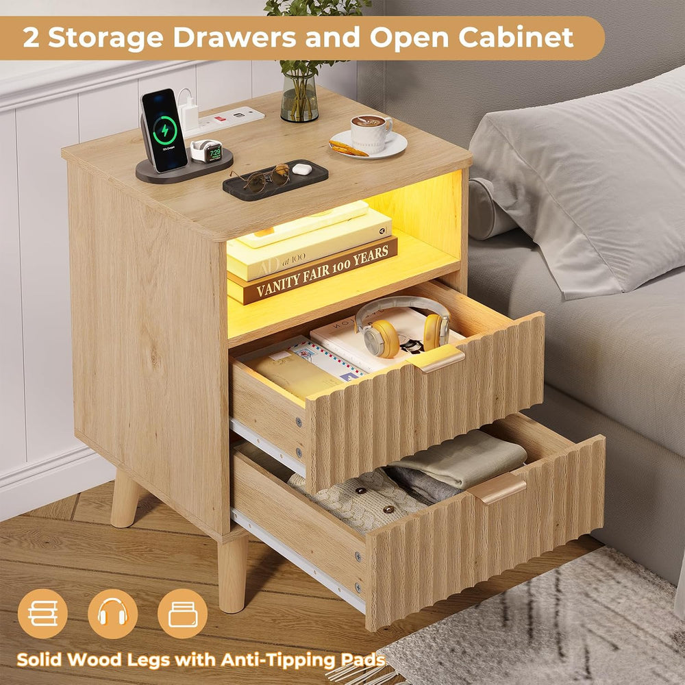 VIAGDO Fluted Nightstand with Charging Station and LED Lights, Modern Night S...