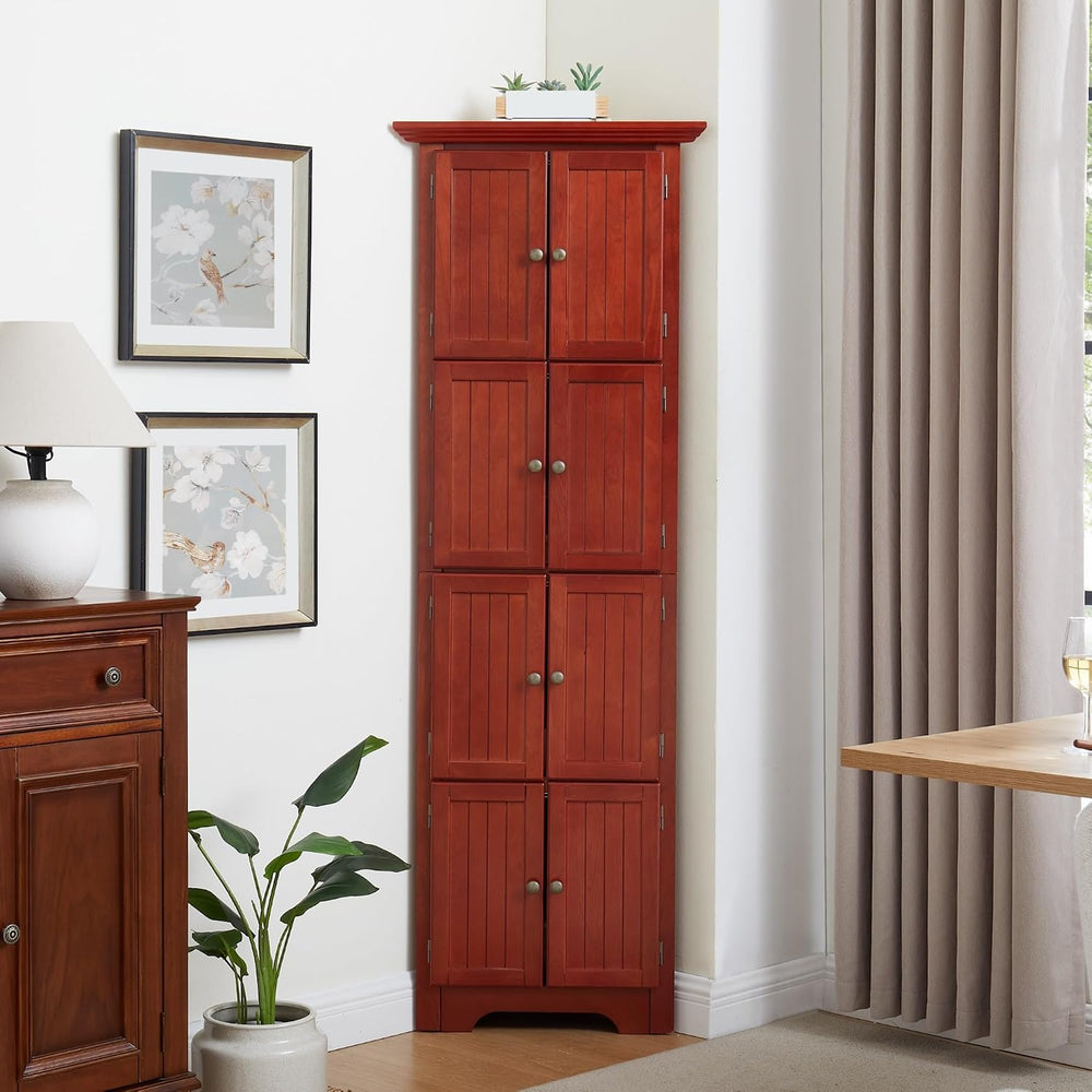 Mid-Century 4-Tier Pantry Storage Cabinet, Corner Cabinet and Adjustable Shel...