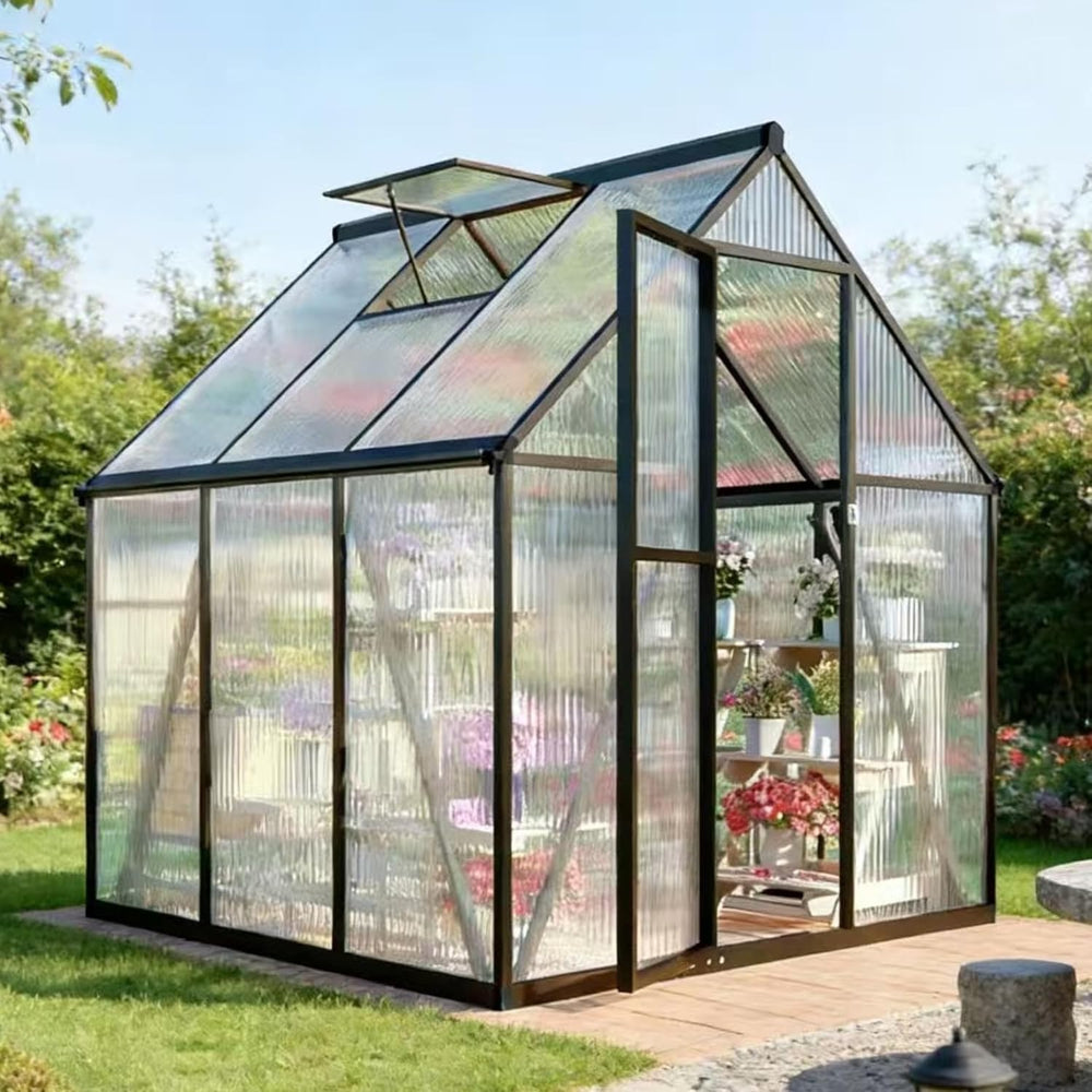 6x6FT Outdoor Polycarbonate Greenhouse with Roof Vent, Dark Gray