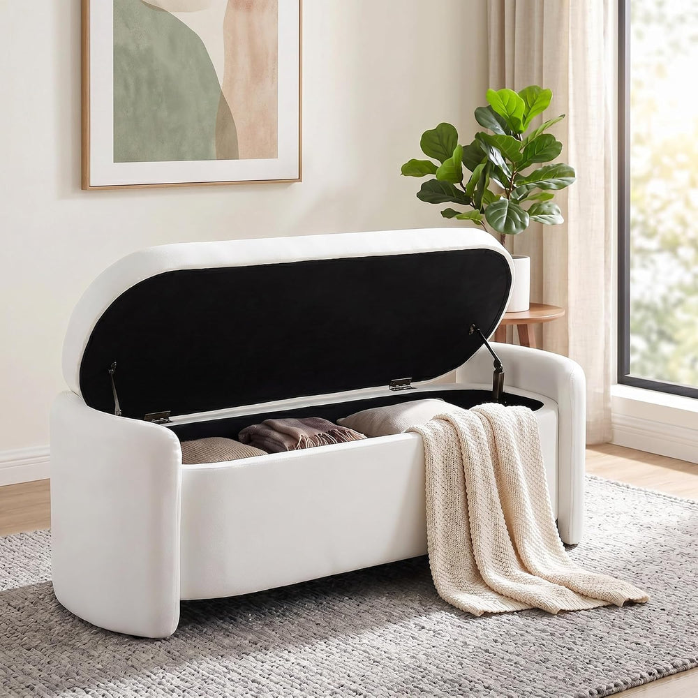 Oval White Velvet Storage Ottoman Bench, 48.8" | Velvet Upholstered Otto...