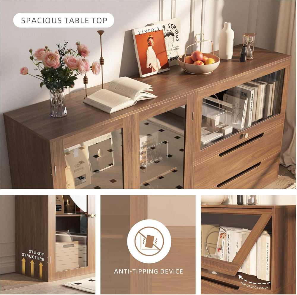 DIY Storage Cabinet 63'' Walnut - Glass Doors & Drawers Sideboard...
