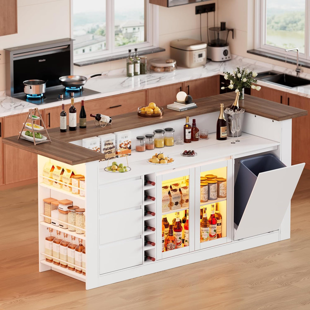 86.6" Large Kitchen Island with Trash Can,Stationary Storage Island with...
