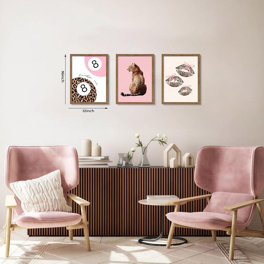 JYZXINWYQ Pink Coquette Wall Decor Set of 3, Cheetah Print Wall Art with Luck...