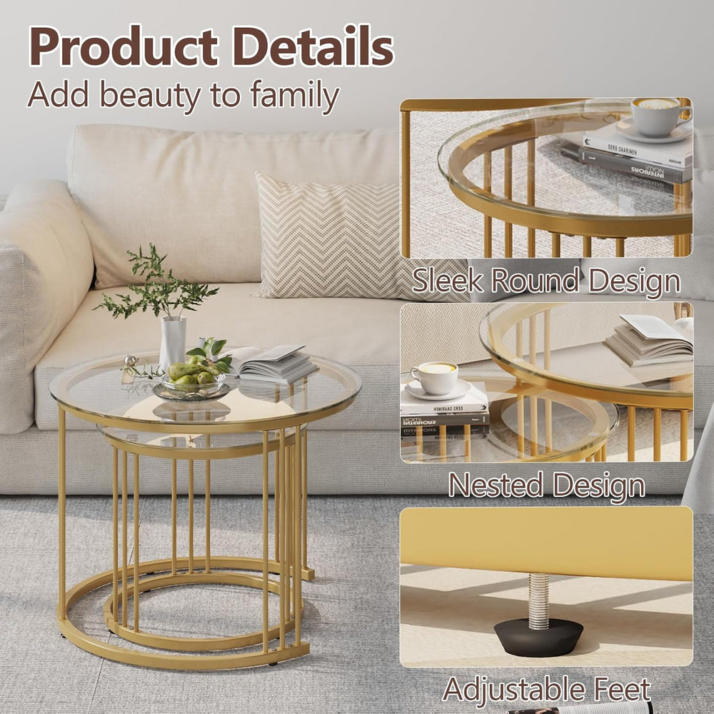 Garden 4 you Nesting Coffee Table, 23.6" Round Coffee Table Set of 2, Gl...