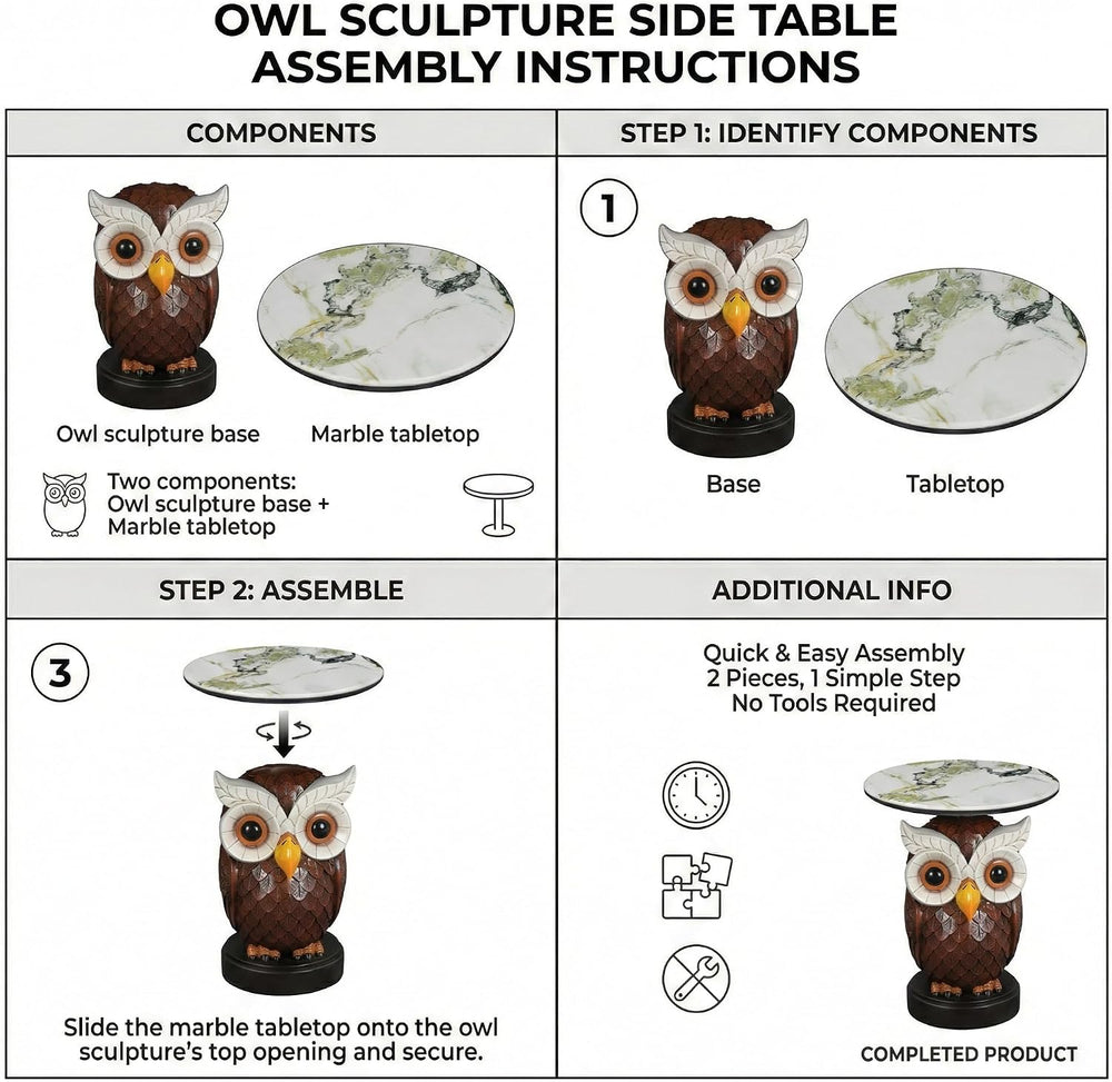 Virubi Owl Accent Table Animal Statue End Table, Round Faux Marble Top Side T...