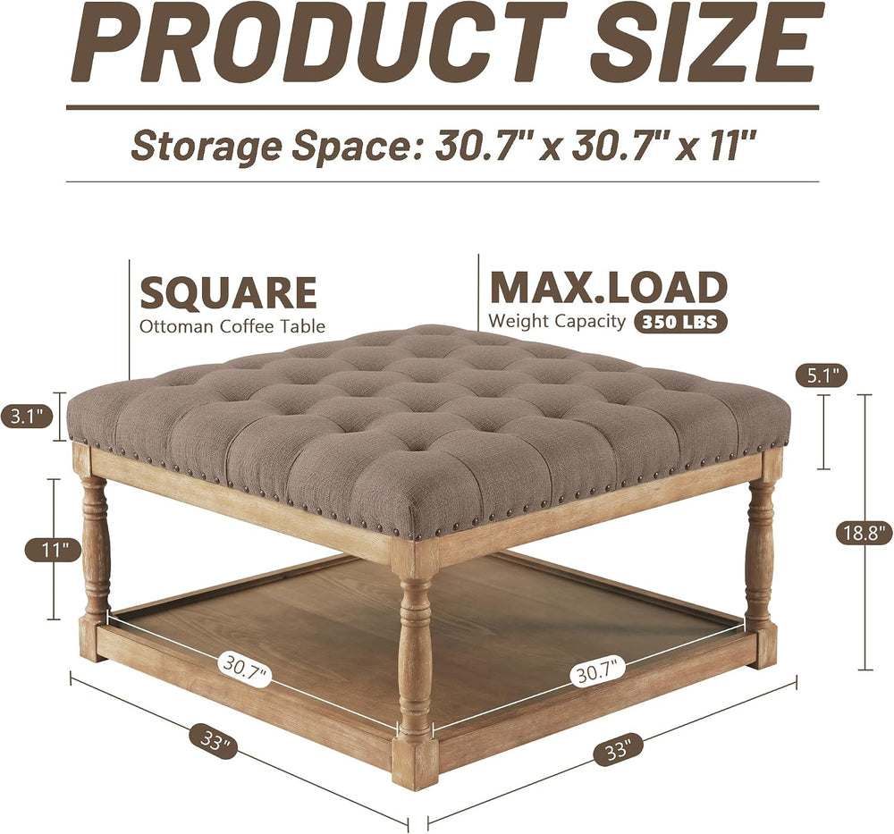 HUIMO 33-inch Square Ottoman Coffee Table, Large Storage Ottoman (Brown) | Tu...