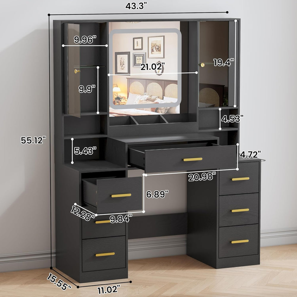 BORNOON Vanity Desk with Mirror and Lights, Makeup Vanity with 7 Drawers, 2 G...