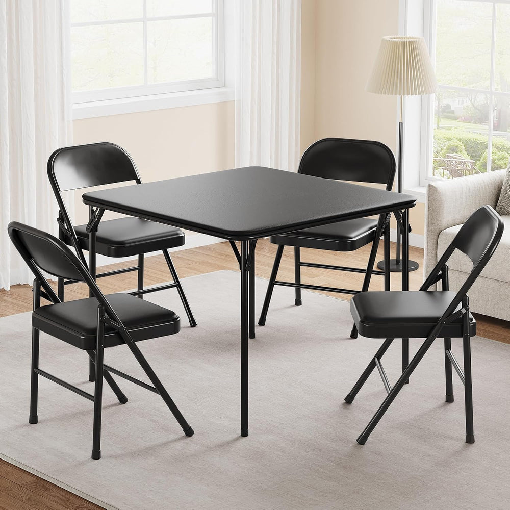 Folding Portable Card Table and Foldable Chair Set of 5, Pu Upholstered Folda...