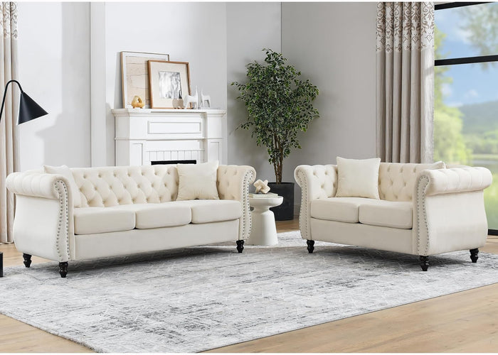 2 Piece Chesterfield Velvet Combination Sofa for Living Room,3-Seater and Loveseat Sofa Set Tufted Couch with Rolled Arms and Nailhead for Living Room, Office, Beige