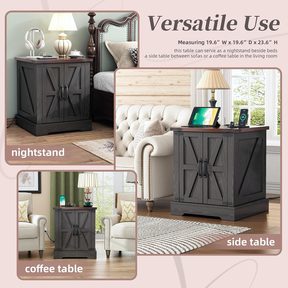 Merax Farmhouse End Table with Charging Station, Rustic Wood Nightstand with ...