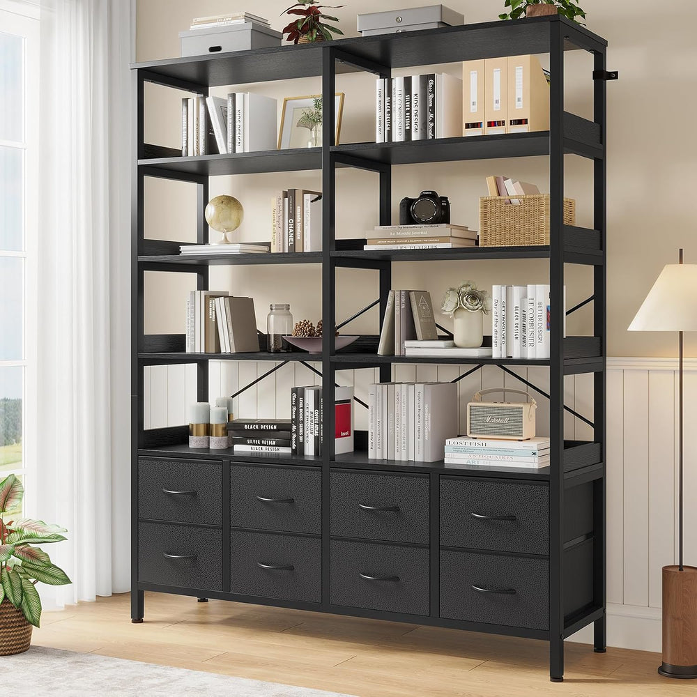 HAUOMS Bookshelf with 8 Fabric Drawers,Baffles Shelves, 7-Tier, Black