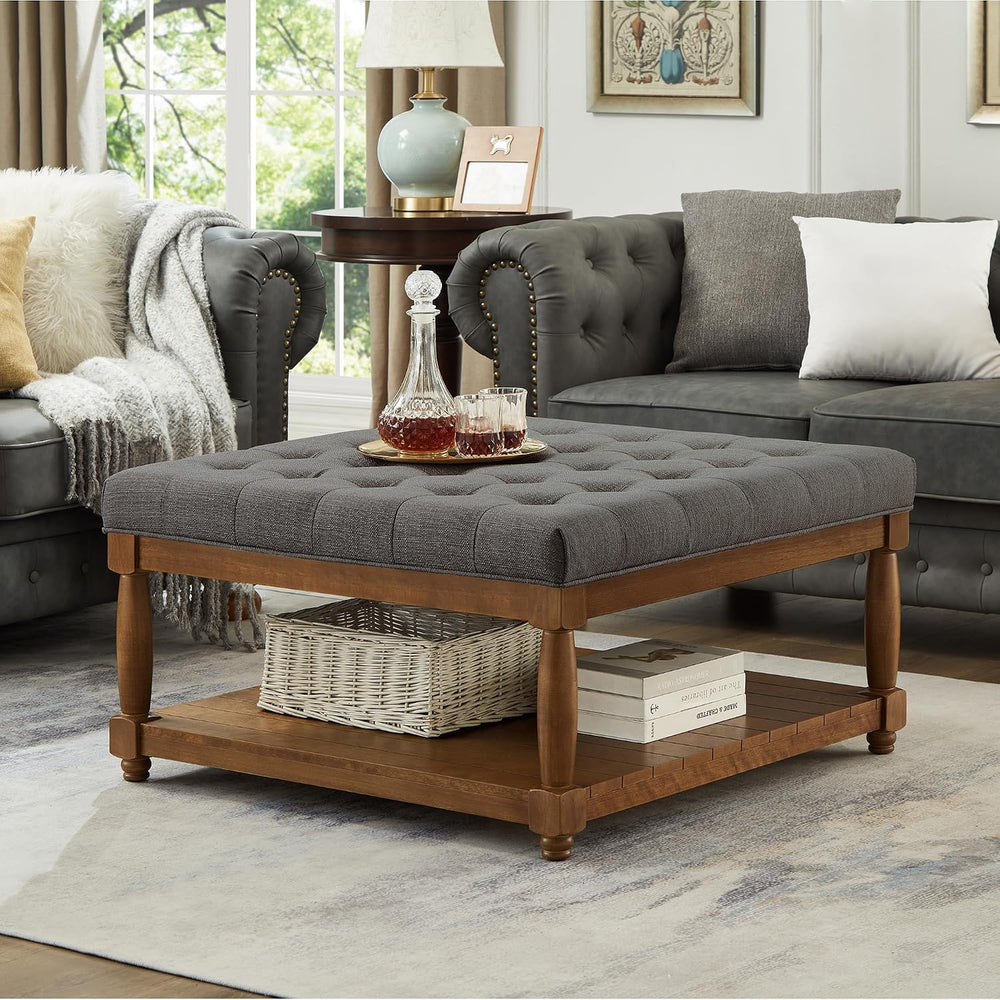 24KF Upholstered Square Coffee Table with Wooden Shelf, Tufted Button Large S...