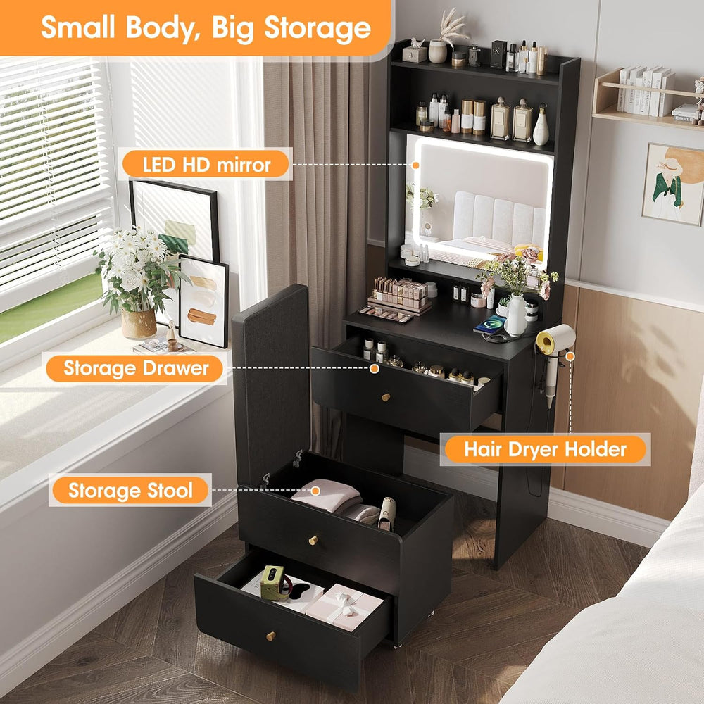 Make Up Vanity Desk with Mirror and Lights,Small Vanity With Storage Chair | ...