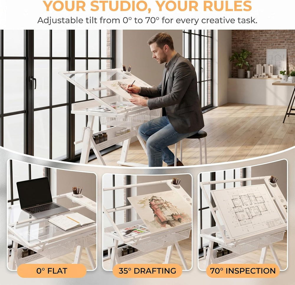 Drafting Table w/Art Stool, Hand Crank Height Adjustable Drawing Desk for Adu...