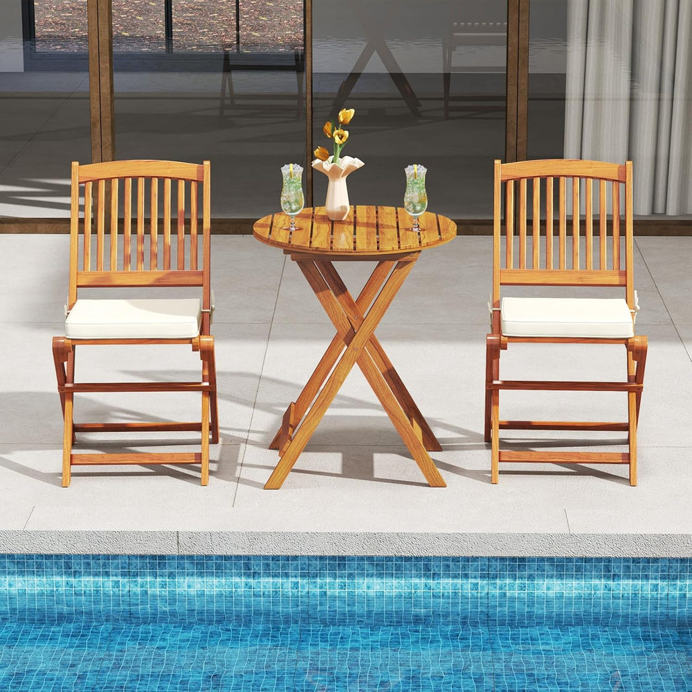 HAPPYGRILL Outdoor Folding Chairs Set of 2, Acacia Wood High-Back Chair w/Sea...