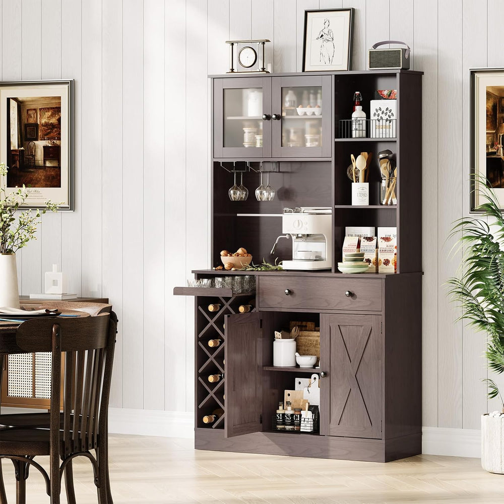 71-Inch Kitchen Hutch Cabinet with Storage, White & Light Walnut Top, Acr...