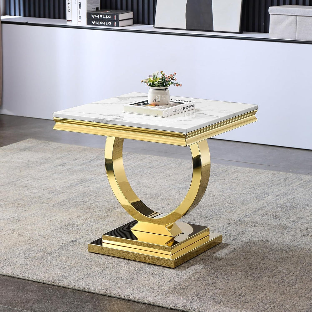 Modern Luxury Faux Marble End Table with Polished Gold Stainless Steel Base S...