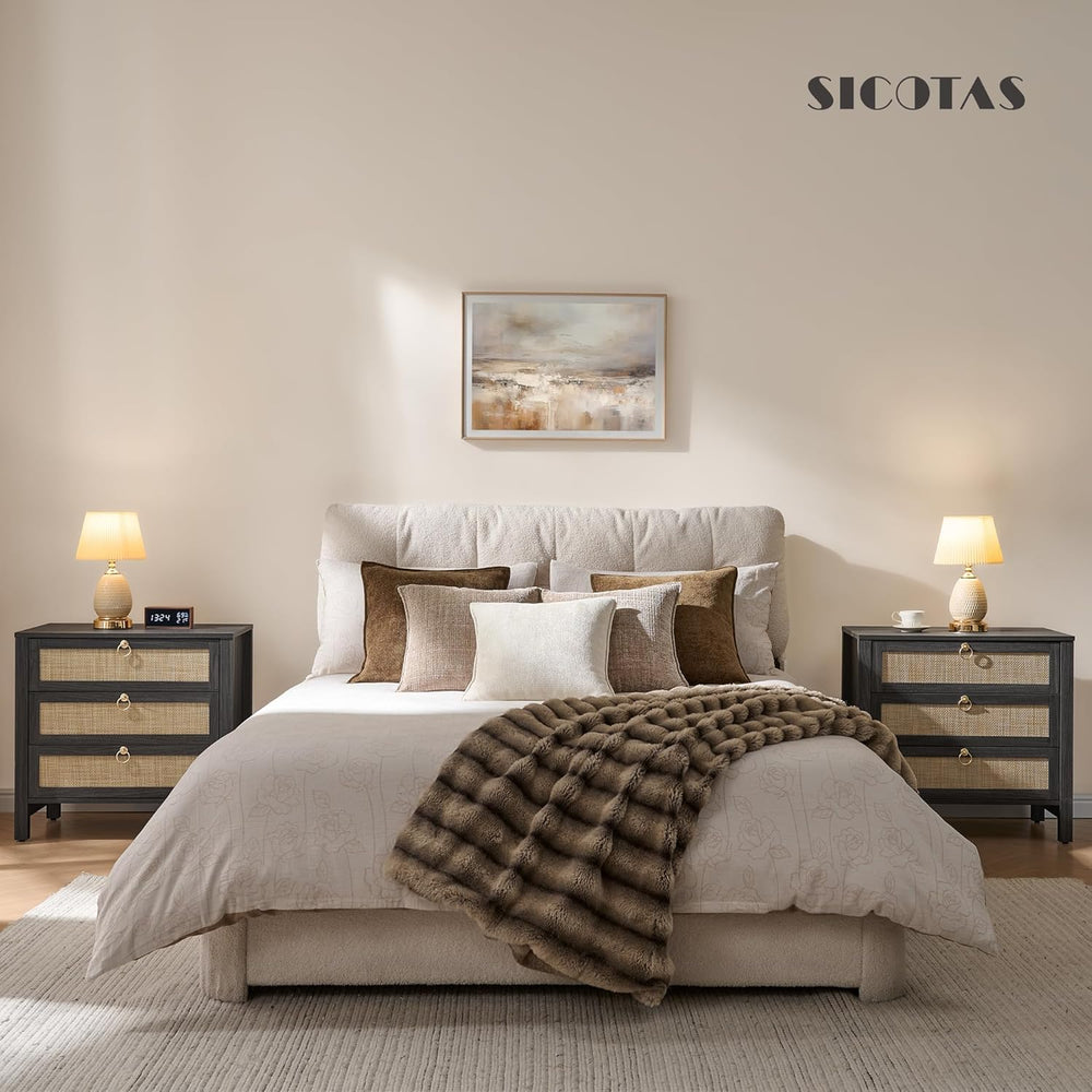 SICOTAS Rattan Nightstand Set of 2 with Drawers, Boho Large Bedside Tables | ...