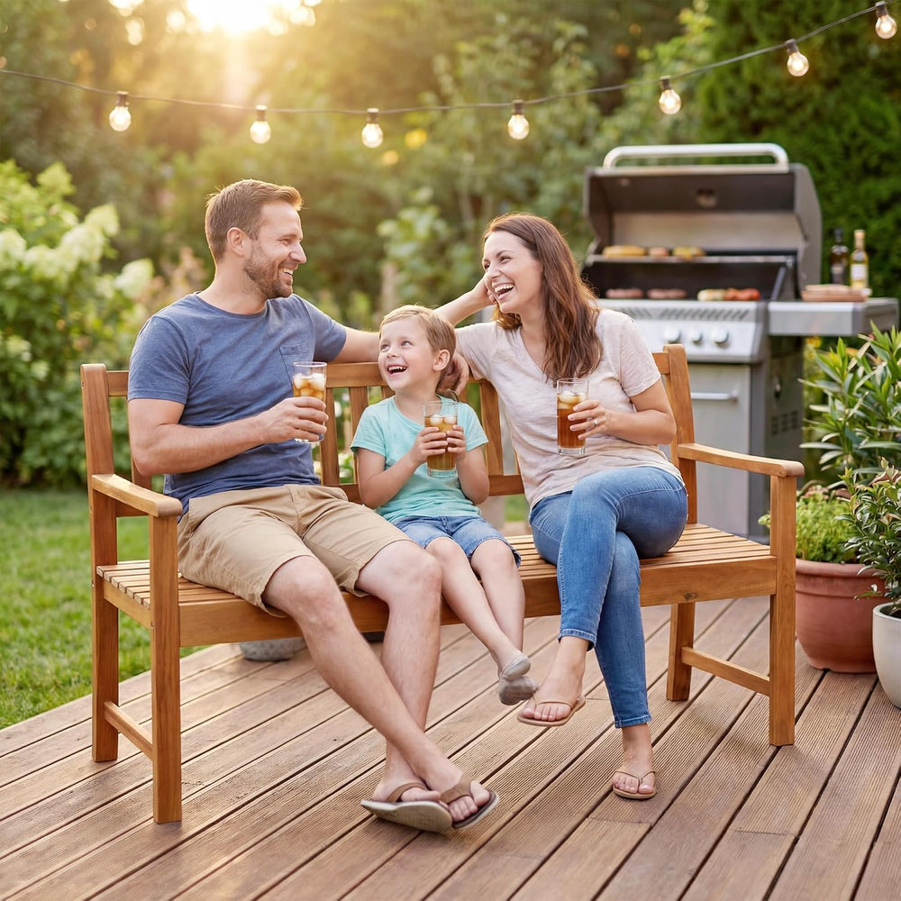 Devoko Acacia Wood Outdoor Bench, 2-Person Garden Bench with Pull-Out Table