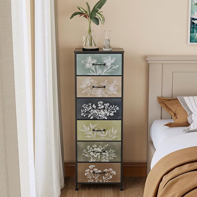 Tohomeor Vintage Dresser Vertical Nightstand with Neutral Botanical Plant Fab...