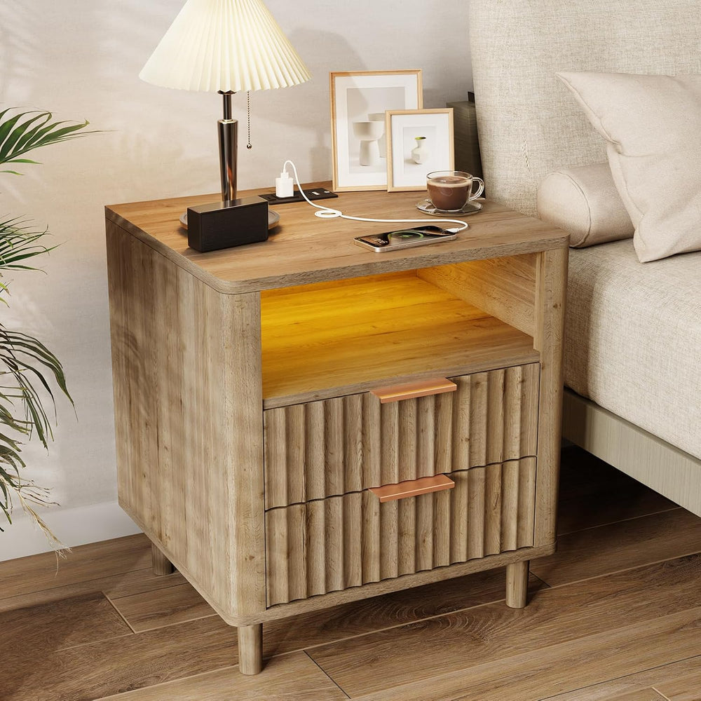 Fluted Nightstand with Charging Station, 2 Drawers Oak