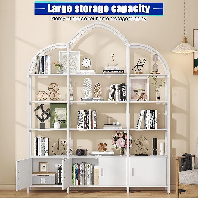 Triple Wide 5 Tier Tall Arched Bookshelf and Bookcase with 3 Cabinets, Indust...