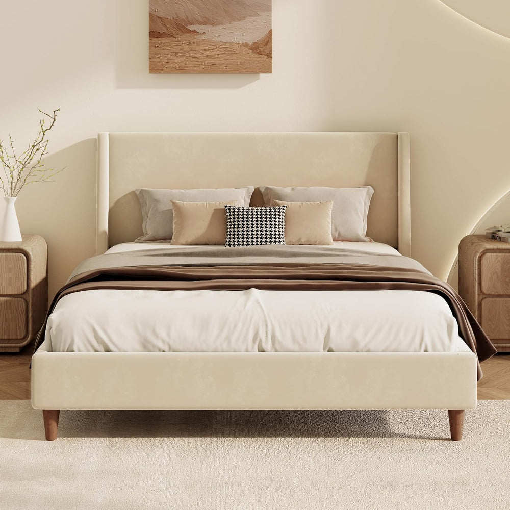 JIJIWANG Queen Velvet Upholstered Platform Bed with Wingback Headboard, Mid-C...