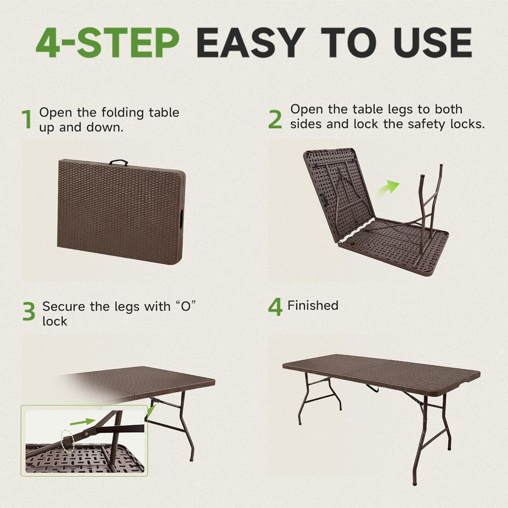 Folding Table 6 Foot, Heavy Duty 600 LBS Capacity, HDPE Wicker Pattern, Sturd...
