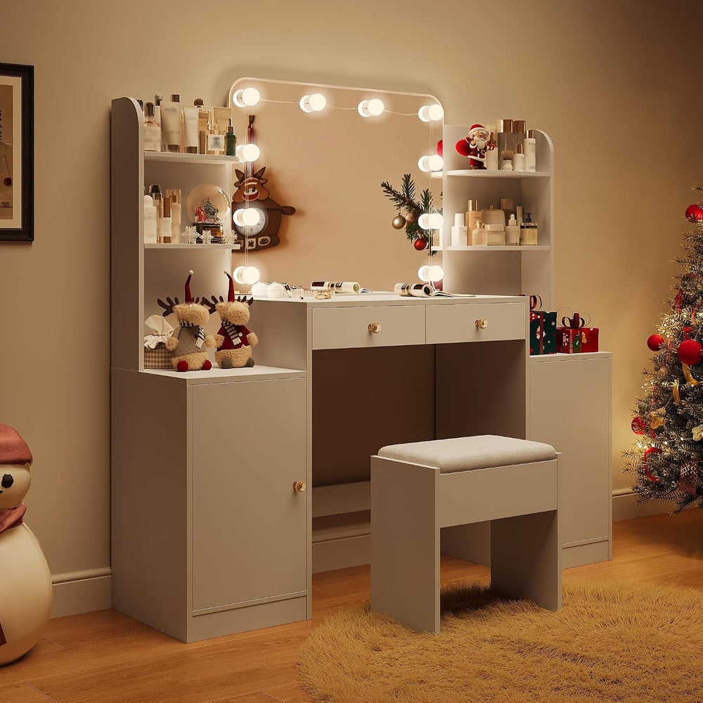 wanan Vanity with Chair, Large Vanity Set with Mirror, Lights & Outlet | ...