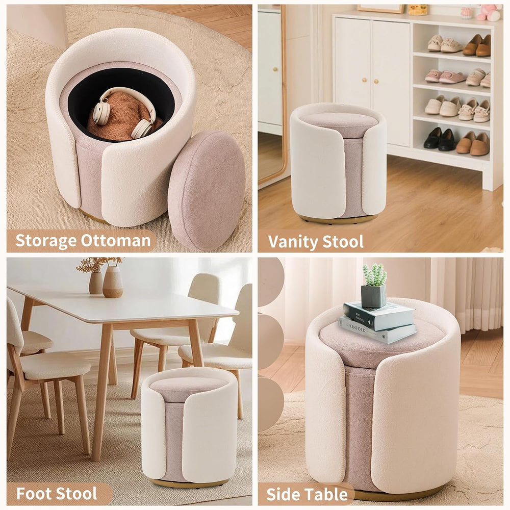 Vanity Chair with Storage, Round Boucle Vanity Stool No Wheels, Swivel Ottoma...
