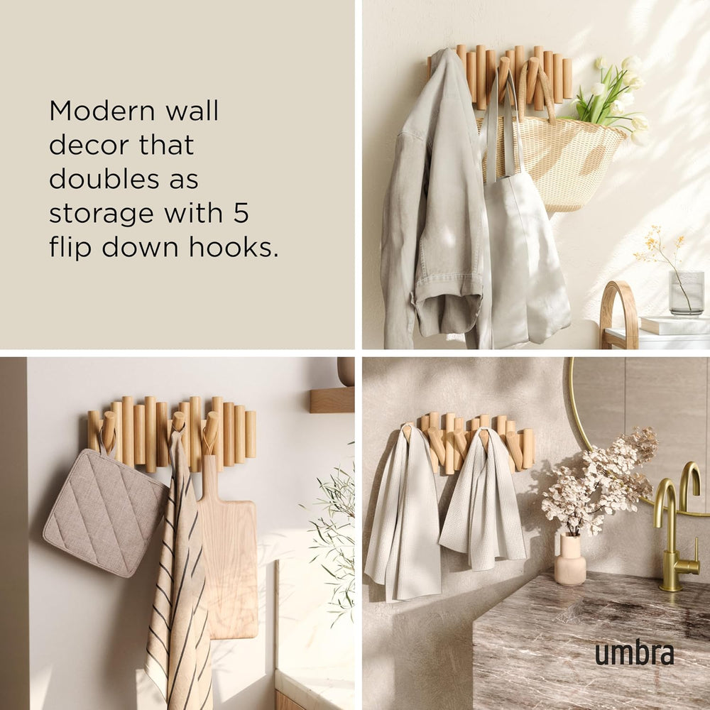 Umbra Picket Coat Rack, Wall Mount 5 Flip-Down Coat Hooks, Natural
