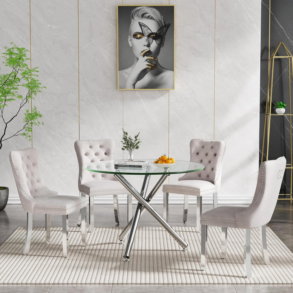 36" Luxury Silver Glass Dining Room Table Set for 4, 5-Piece Round Kitch...