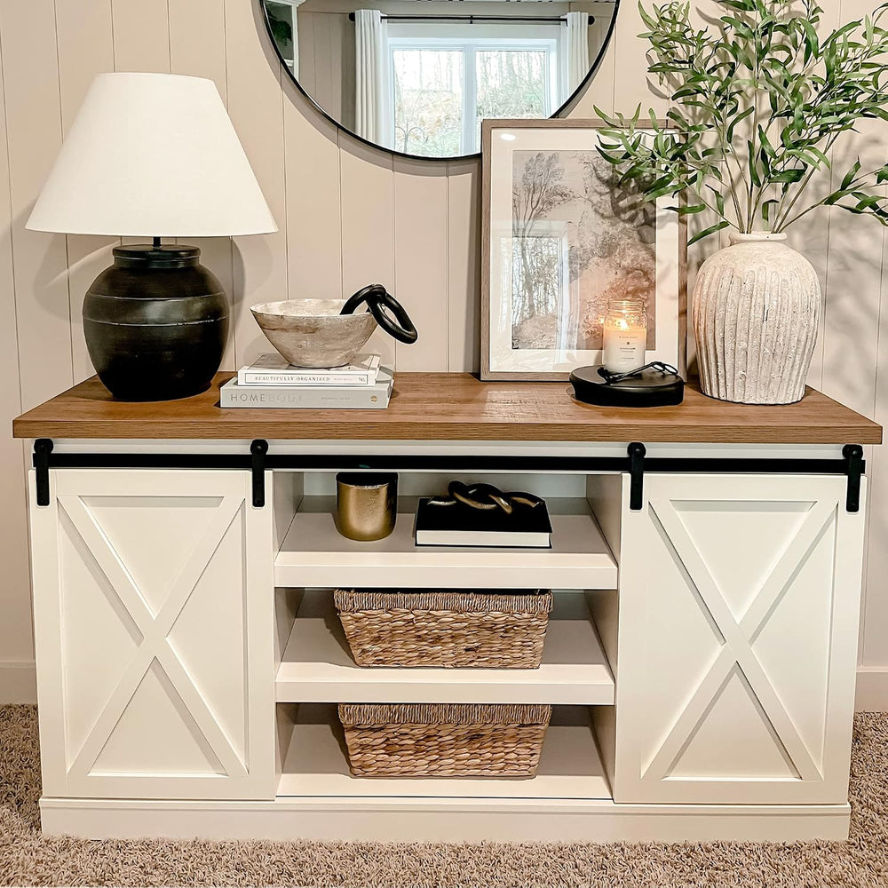 PHI VILLA Farmhouse Coffee Bar Cabinet, Barn Door Kitchen Storage Cabinet | W...