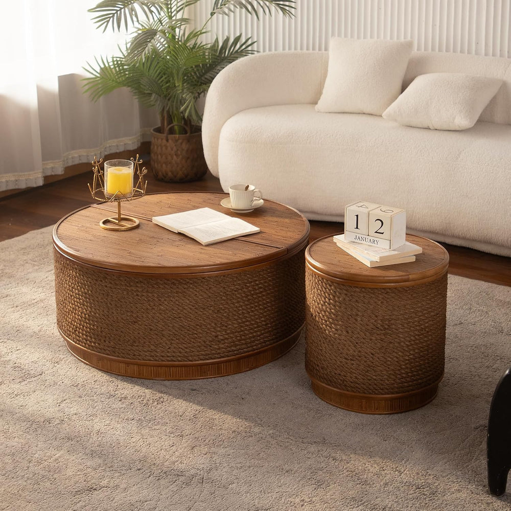 Round Rattan Coffee Table Set of 2 with Lift-Off Lid Storage, Boho-Chic End T...