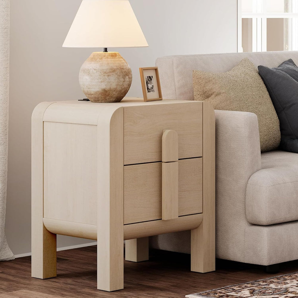 WAMPAT 23.7" Tall Beige Nightstand with Charging Station, Modern Mid Cen...