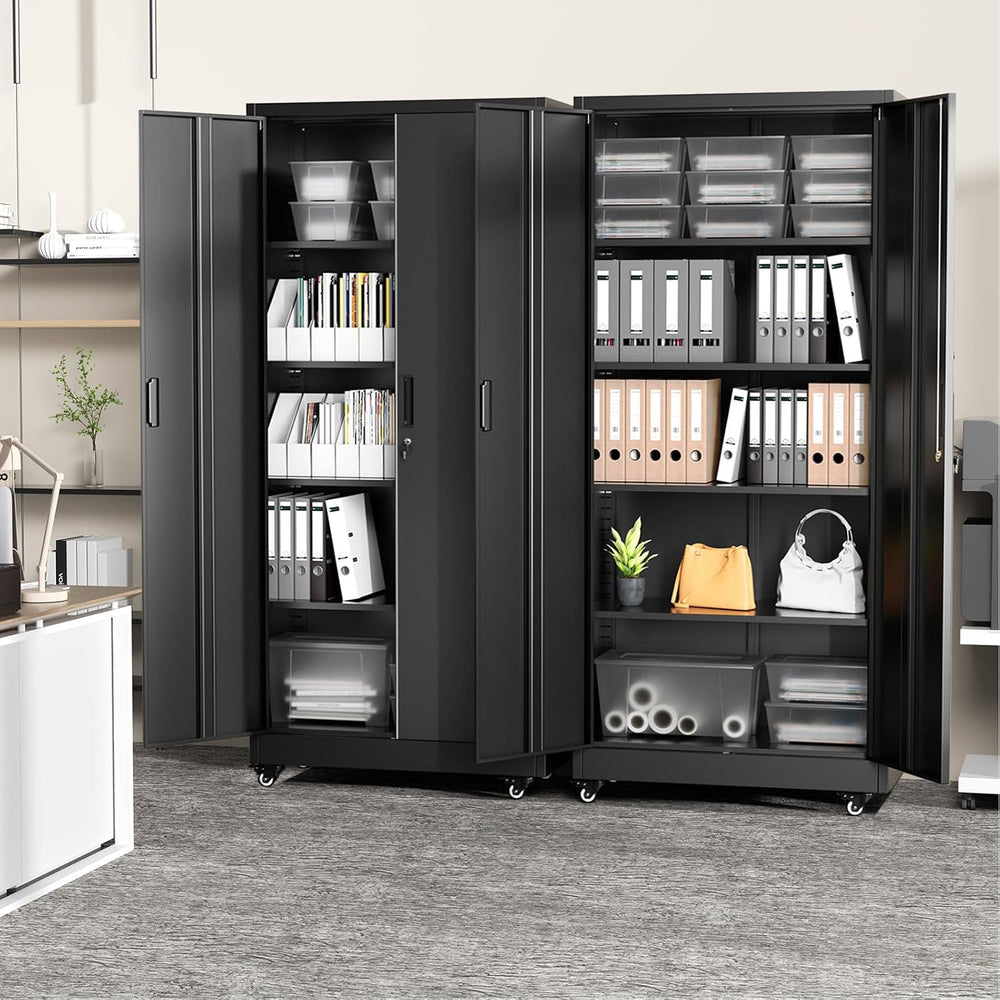Greenvelly 73" Metal Garage Storage Cabinet with Wheels, Black Lockable ...