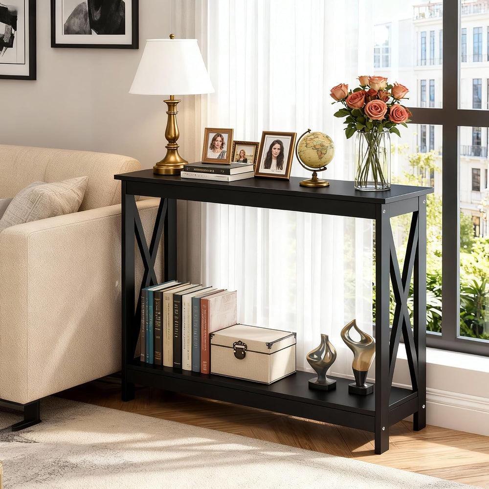ZenStyle Sofa Side Console Table with 2 Storage Shelves Narrow Accent Table f...