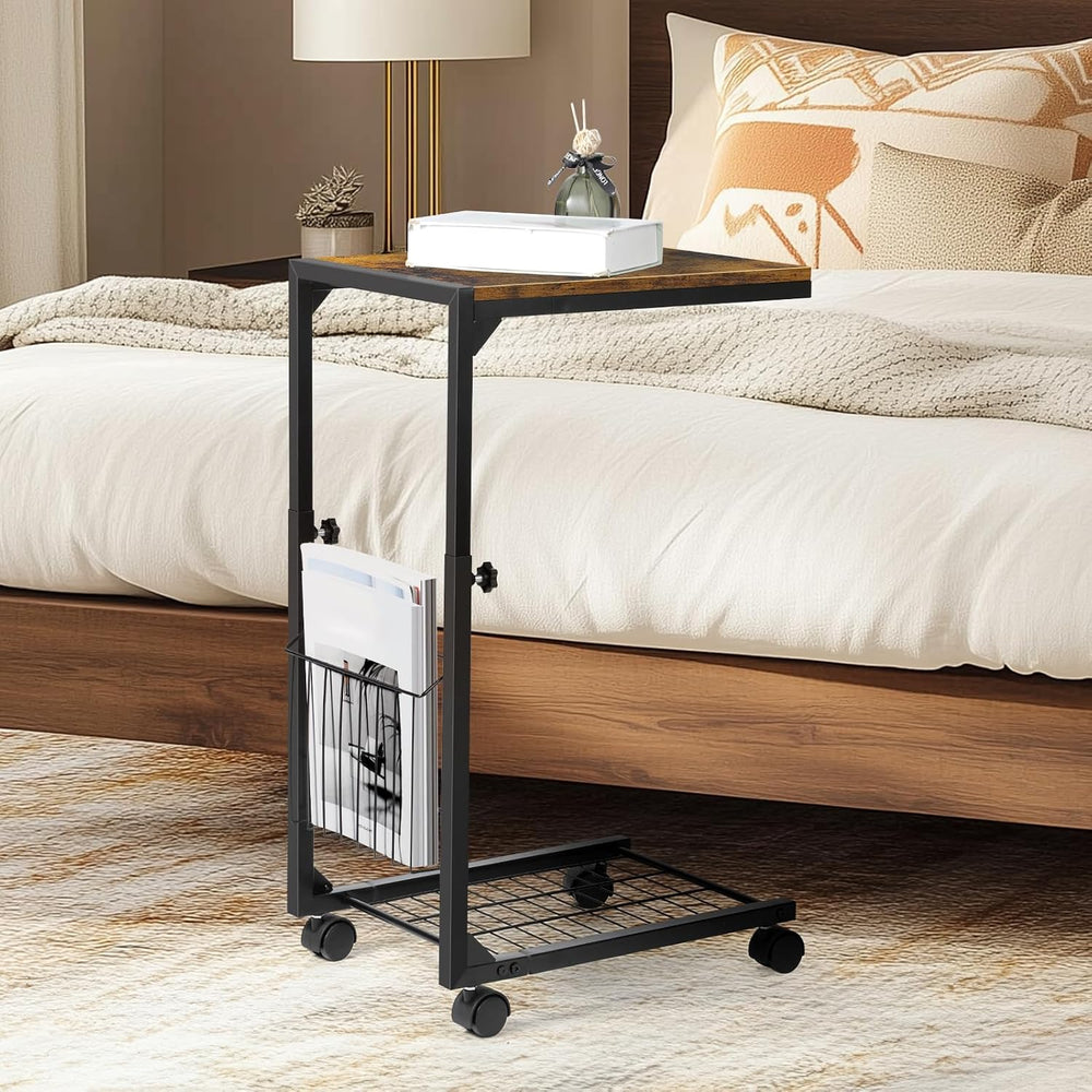 C Shaped Side Table Small End Table with Wheels Slide Under Couch Table for S...