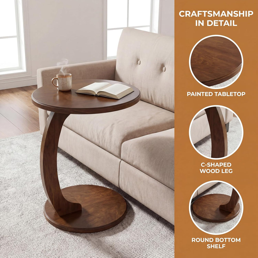 Tribesigns C Shaped End Table, Round Wood Side Table, Mid-Century Modern Styl...